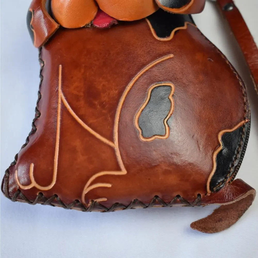 Handmade Leather Dog Coin Purse Puppy Wallet Brown Animal Keychain Bag Charm EUC - Picture 3 of 5